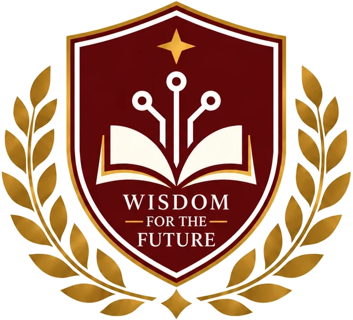AI FDE School crest: a shield with an open book and circuit lines, framed by laurel branches