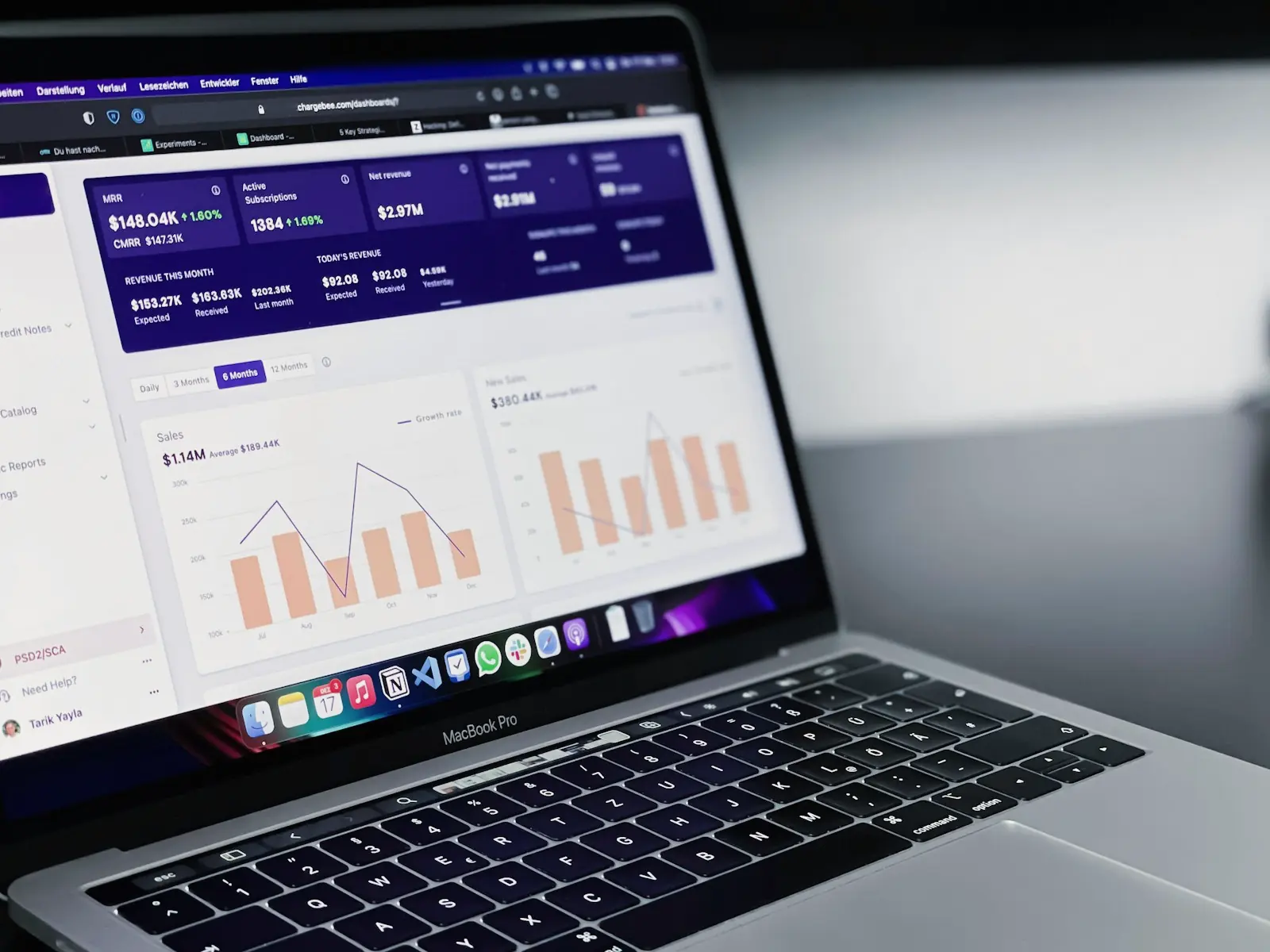 A laptop showing a results dashboard with charts